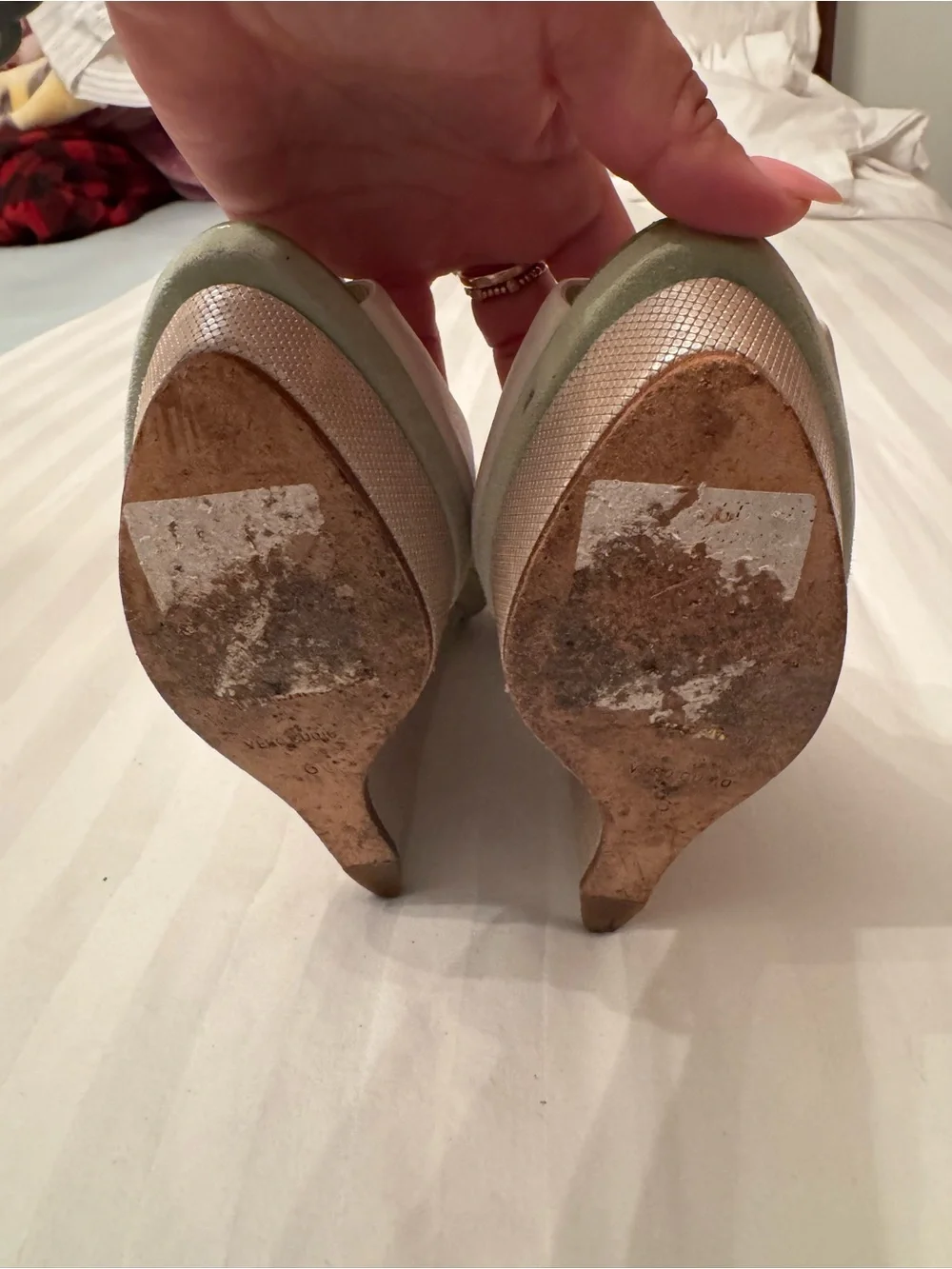 Brian Atwood Ivory Peep-Toe Wedges with Mint Trim